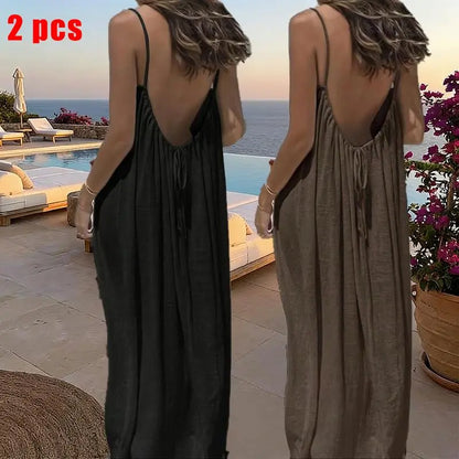 Women's Solid Color Cami Lounge Dress – Elegant Sleeveless Maxi Dress for Summer-A0022