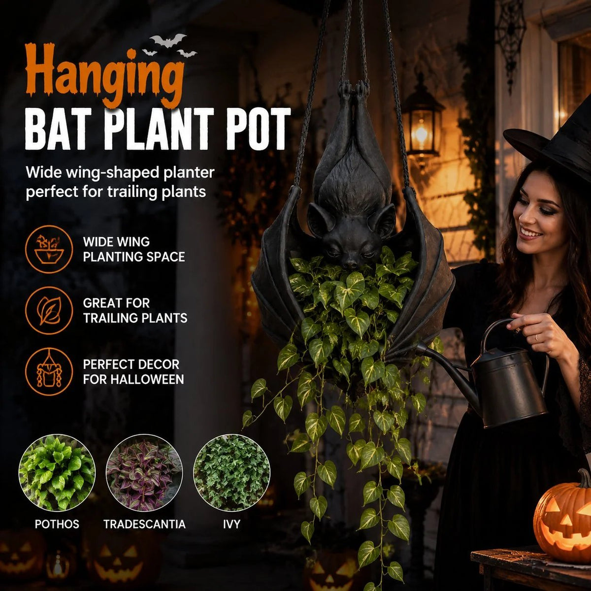 🎉🦇 Hanging Bat Plant Pot🎃Spooky Garden Decor Planter