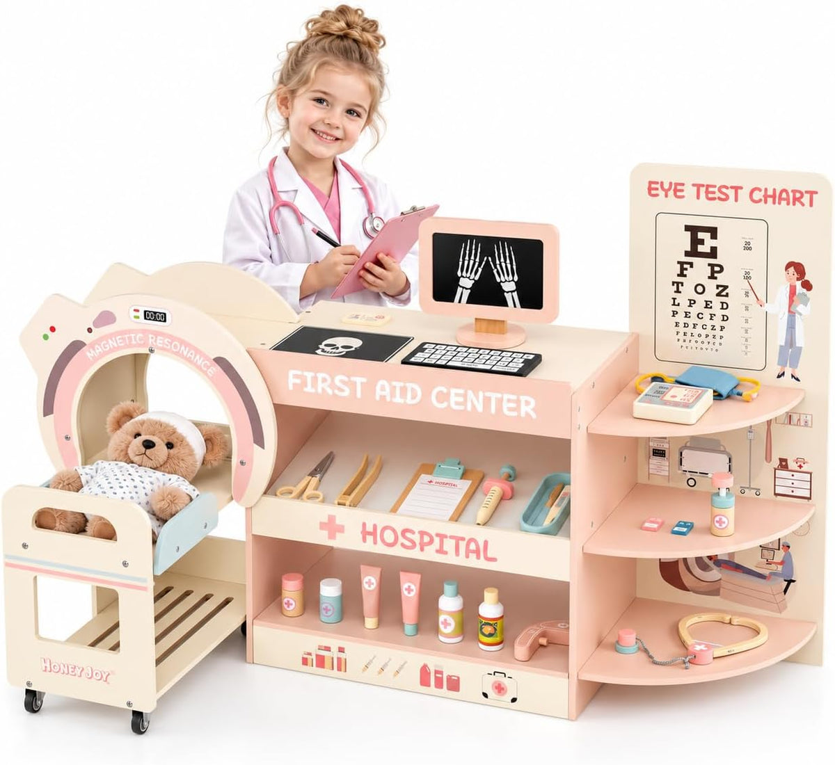 Kids Wooden Doctor Play Set, Checkup Medical Office Center & Vet Clinic Station, CT Machine & Interactive Accessories, X-Ray, Toddler Pretend Hospital Playset Kit for Boys Girls (Pink)