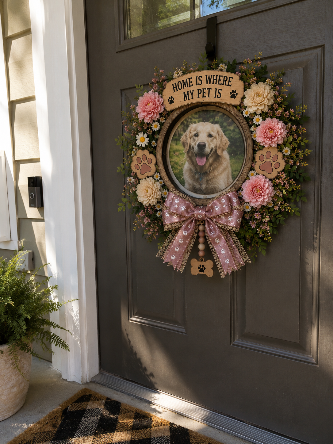 Personalized Pet Photo Floral Wreath – “Home Is Where My Pet Is” Custom Door Decor