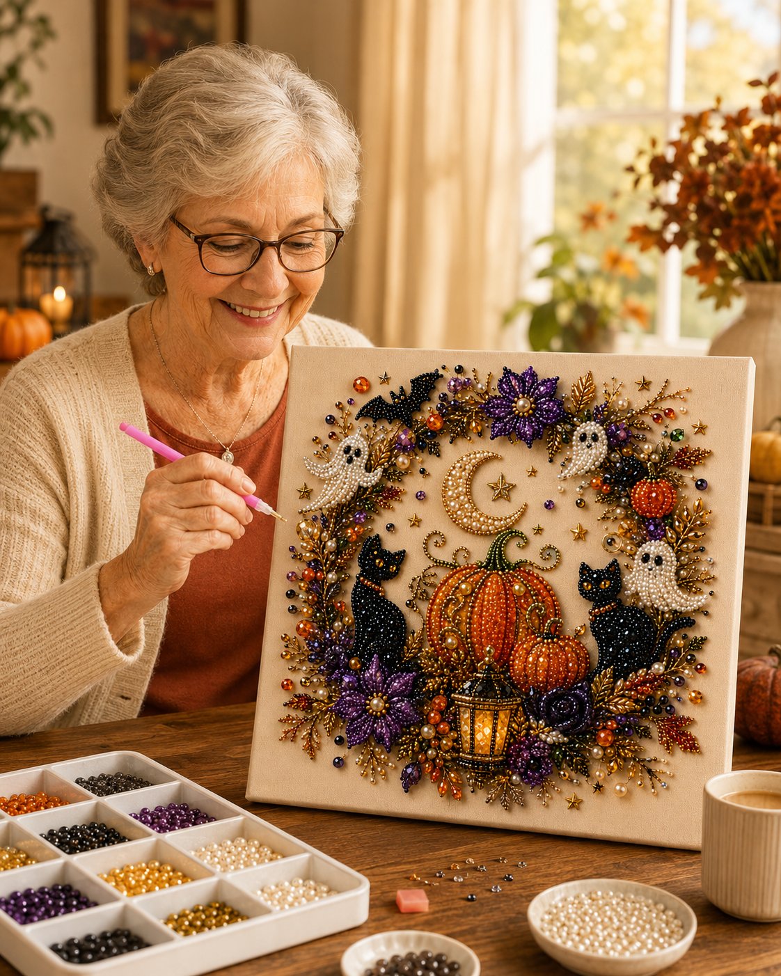 💥 Last Day 50% OFF👻✨50K+ SOLD!🎃 Halloween Pearl Art DIY Kit – No painting skills needed, just match & place pearls. Create spooky‑cute décor for a cosy autumn home! 🧵🖼️