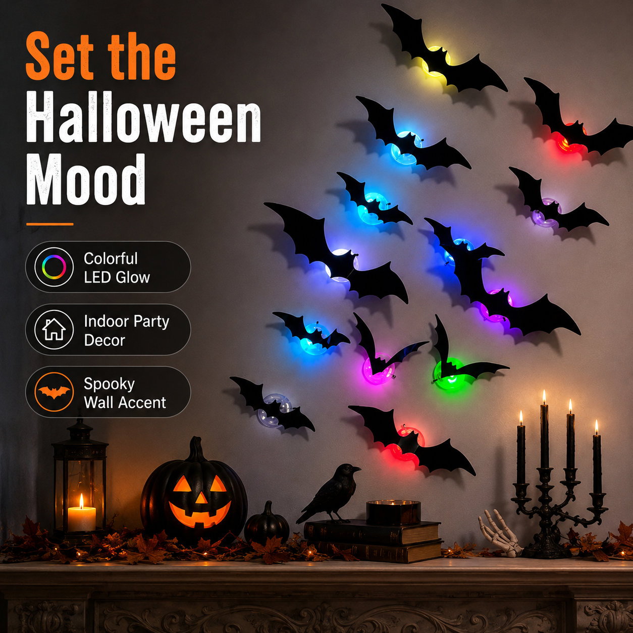 🎃3D LED Halloween Bat Wall Decor – ⚡️Colorful Glowing Flying Bats