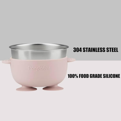 6-In-1 Stainless Steel Baby Feeding Set | Divided Suction Plate, Bowl, Sippy Cup with Straw, Bib, Spoon & Fork | Bpa-Free Toddler Feeding Essentials for Self-Feeding (Pink)