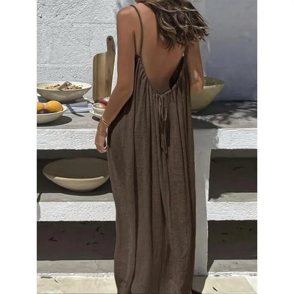 Women's Solid Color Cami Lounge Dress – Elegant Sleeveless Maxi Dress for Summer-A0022