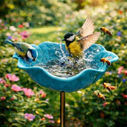Handmade Metal Flower Garden Stake | 2-in-1 Bird Bath & Bee Watering Station -A0034