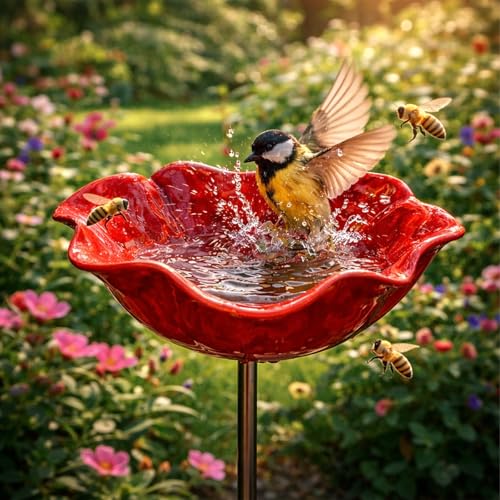 Handmade Metal Flower Garden Stake | 2-in-1 Bird Bath & Bee Watering Station -A0034
