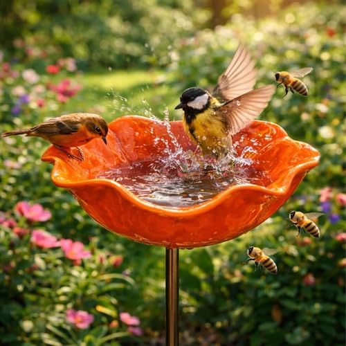 Handmade Metal Flower Garden Stake | 2-in-1 Bird Bath & Bee Watering Station -A0034
