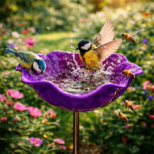Handmade Metal Flower Garden Stake | 2-in-1 Bird Bath & Bee Watering Station -A0034