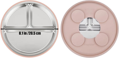 6-In-1 Stainless Steel Baby Feeding Set | Divided Suction Plate, Bowl, Sippy Cup with Straw, Bib, Spoon & Fork | Bpa-Free Toddler Feeding Essentials for Self-Feeding (Pink)