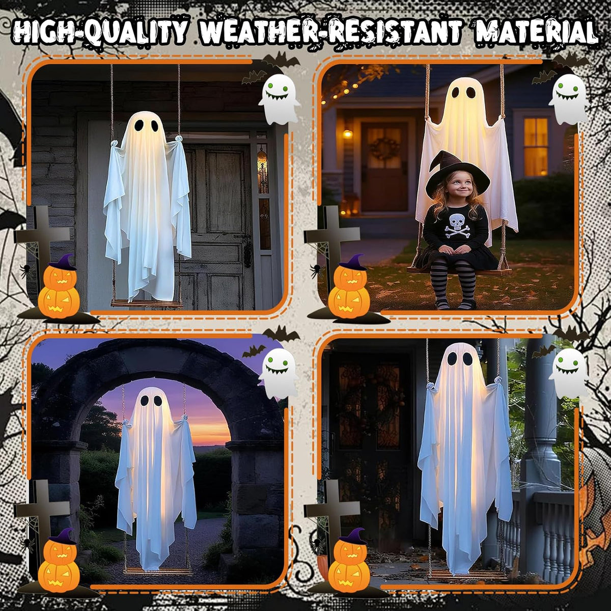 🎁HOT DEAL – Up to 49% OFF🔥Halloween Decorations Outdoor Hanging Swing Ghost Halloween Decor with String Lights, Spooky Cute Ghosts Decorations for Front Porch Yard Tree