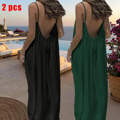 Women's Solid Color Cami Lounge Dress – Elegant Sleeveless Maxi Dress for Summer-A0022