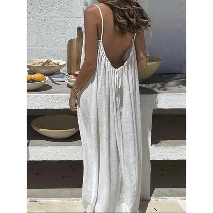 Women's Solid Color Cami Lounge Dress – Elegant Sleeveless Maxi Dress for Summer-A0022