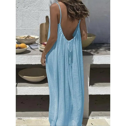 Women's Solid Color Cami Lounge Dress – Elegant Sleeveless Maxi Dress for Summer-A0022