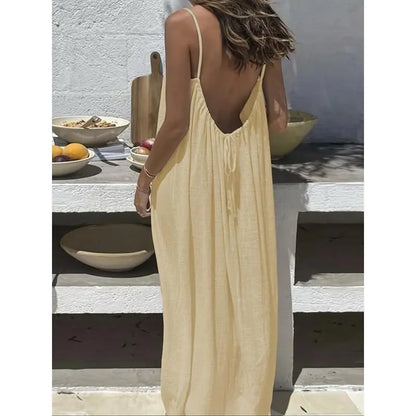 Women's Solid Color Cami Lounge Dress – Elegant Sleeveless Maxi Dress for Summer-A0022