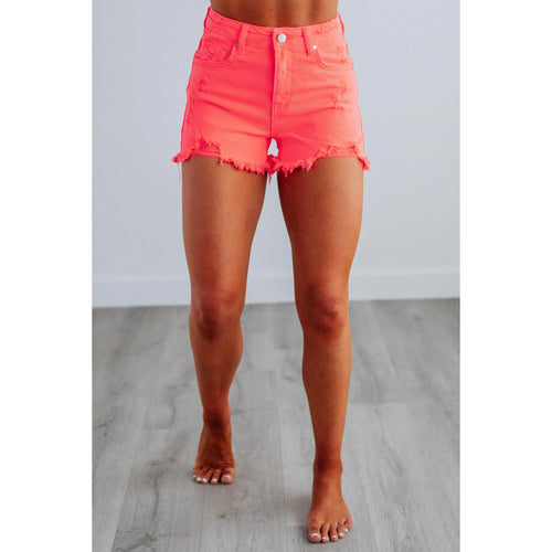 Mae Risen Shorts in Neon Coral – Women's High-Rise Shorts-A0001