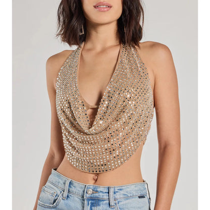 Party Diva Cropped Rhinestone Halter Top – Glamorous Evening Wear-A0003