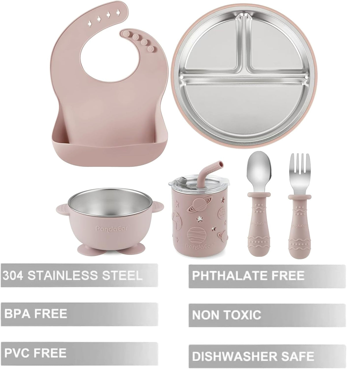 6-In-1 Stainless Steel Baby Feeding Set | Divided Suction Plate, Bowl, Sippy Cup with Straw, Bib, Spoon & Fork | Bpa-Free Toddler Feeding Essentials for Self-Feeding (Pink)