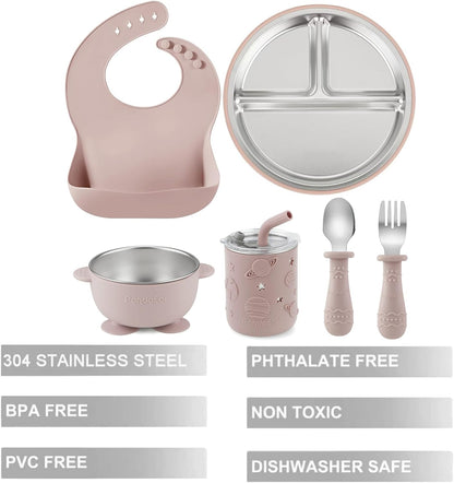 6-In-1 Stainless Steel Baby Feeding Set | Divided Suction Plate, Bowl, Sippy Cup with Straw, Bib, Spoon & Fork | Bpa-Free Toddler Feeding Essentials for Self-Feeding (Pink)