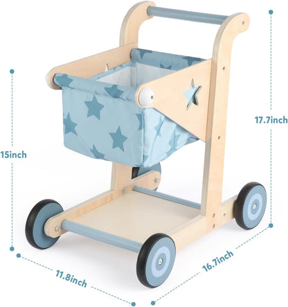 2 in 1 Wooden Baby Walker Push and Pull Doll Stroller (Blue)