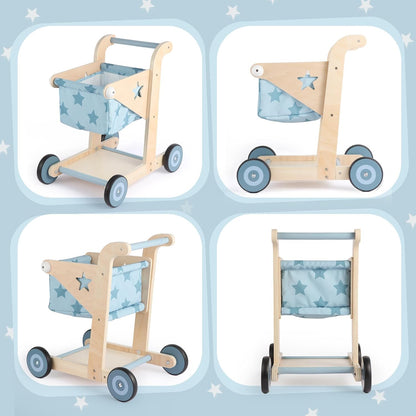 2 in 1 Wooden Baby Walker Push and Pull Doll Stroller (Blue)