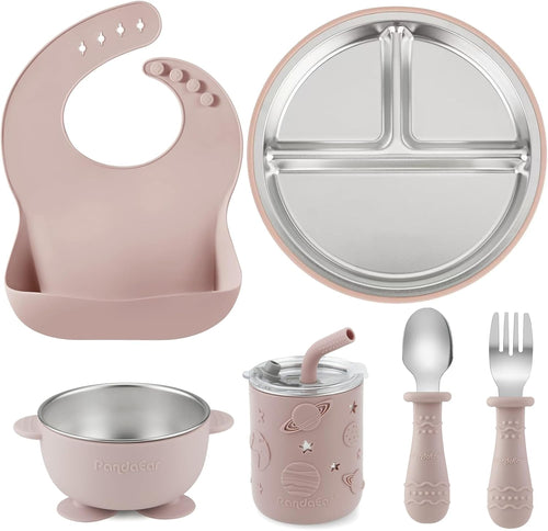 6-In-1 Stainless Steel Baby Feeding Set | Divided Suction Plate, Bowl, Sippy Cup with Straw, Bib, Spoon & Fork | Bpa-Free Toddler Feeding Essentials for Self-Feeding (Pink)