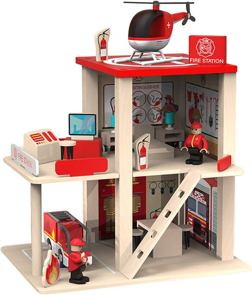 Wooden Fire Station Playset, Kids Pretend Play Dollhouse with Accessories