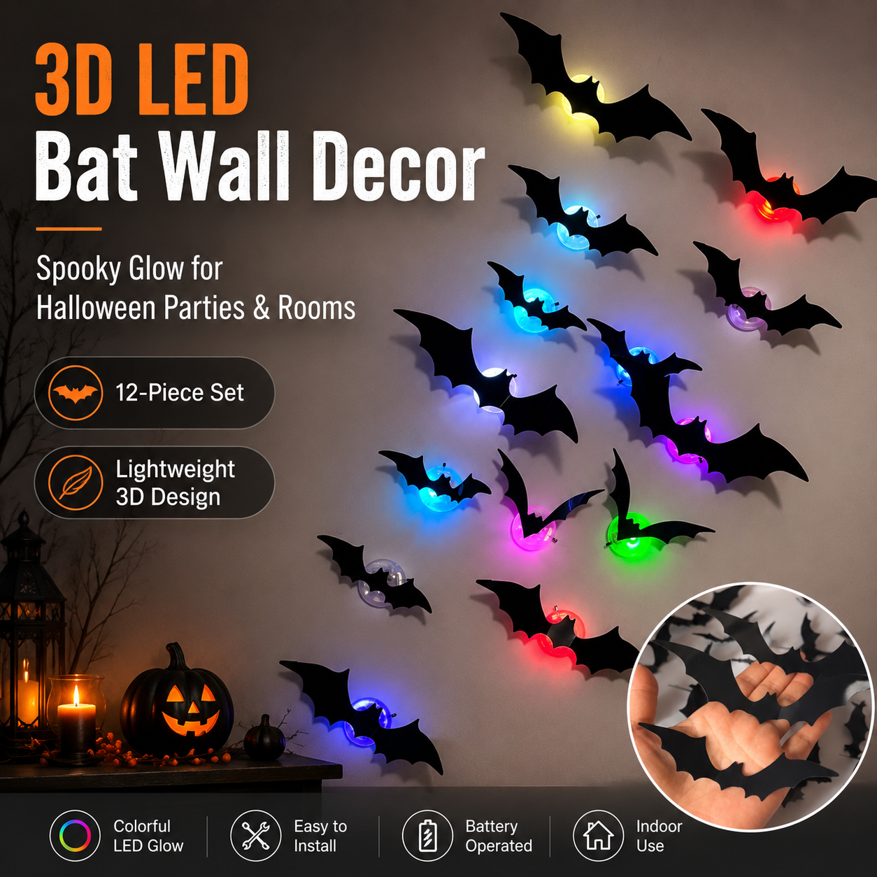 🎃3D LED Halloween Bat Wall Decor – ⚡️Colorful Glowing Flying Bats