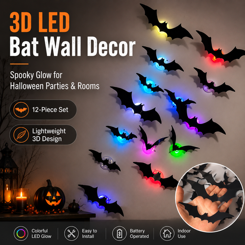 🎃3D LED Halloween Bat Wall Decor – ⚡️Colorful Glowing Flying Bats