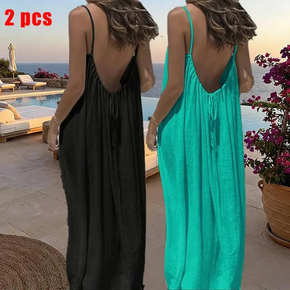 Women's Solid Color Cami Lounge Dress – Elegant Sleeveless Maxi Dress for Summer-A0022
