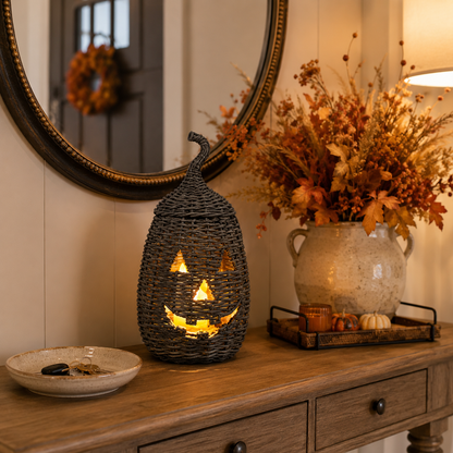 🔥Last Day 60% OFF🔥Rustic Wicker Pumpkin Candle Holder - Handwoven Jack-O’-Lantern Halloween Porch Decor