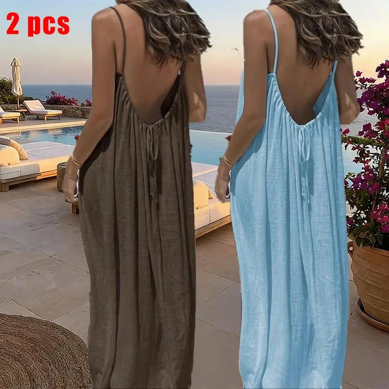 Women's Solid Color Cami Lounge Dress – Elegant Sleeveless Maxi Dress for Summer-A0022