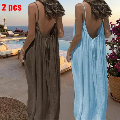 Women's Solid Color Cami Lounge Dress – Elegant Sleeveless Maxi Dress for Summer-A0022