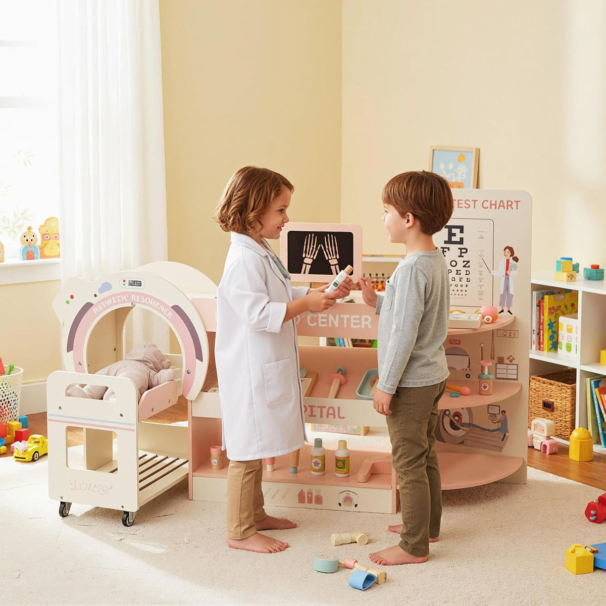 Kids Wooden Doctor Play Set, Checkup Medical Office Center & Vet Clinic Station, CT Machine & Interactive Accessories, X-Ray, Toddler Pretend Hospital Playset Kit for Boys Girls (Pink)