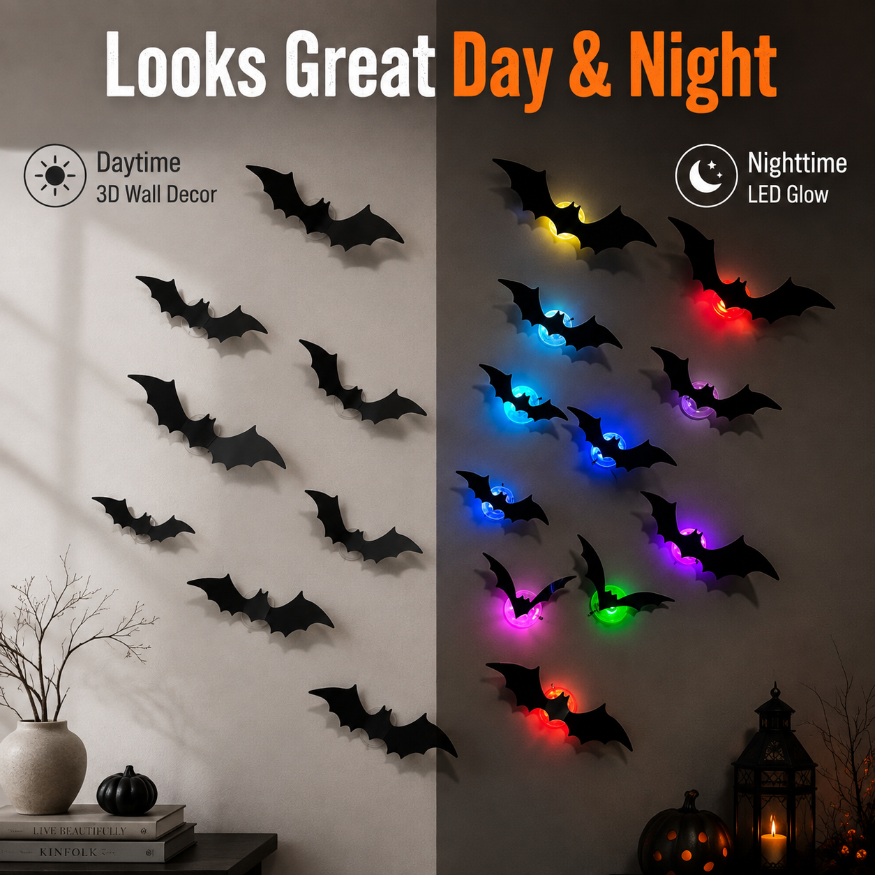 🎃3D LED Halloween Bat Wall Decor – ⚡️Colorful Glowing Flying Bats