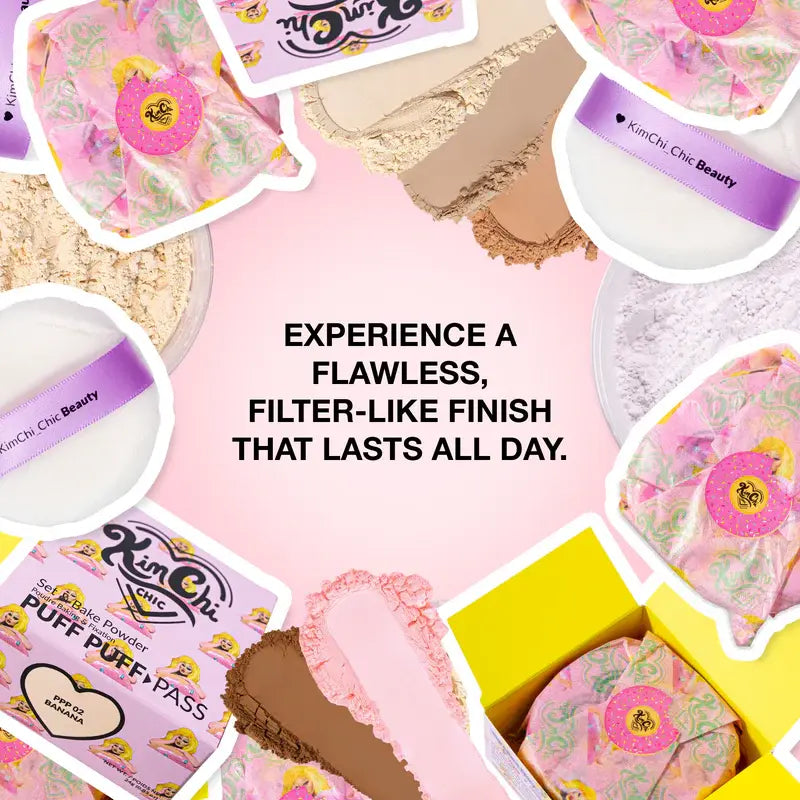 KimChi Chic Puff Puff Pass Set & Bake Powder 24g | Rice Powder & Vitamin-E | Lightweight Translucent Setting Powder | 10 Shades