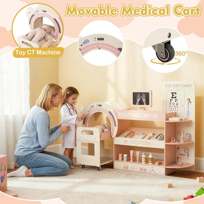 Kids Wooden Doctor Play Set, Checkup Medical Office Center & Vet Clinic Station, CT Machine & Interactive Accessories, X-Ray, Toddler Pretend Hospital Playset Kit for Boys Girls (Pink)