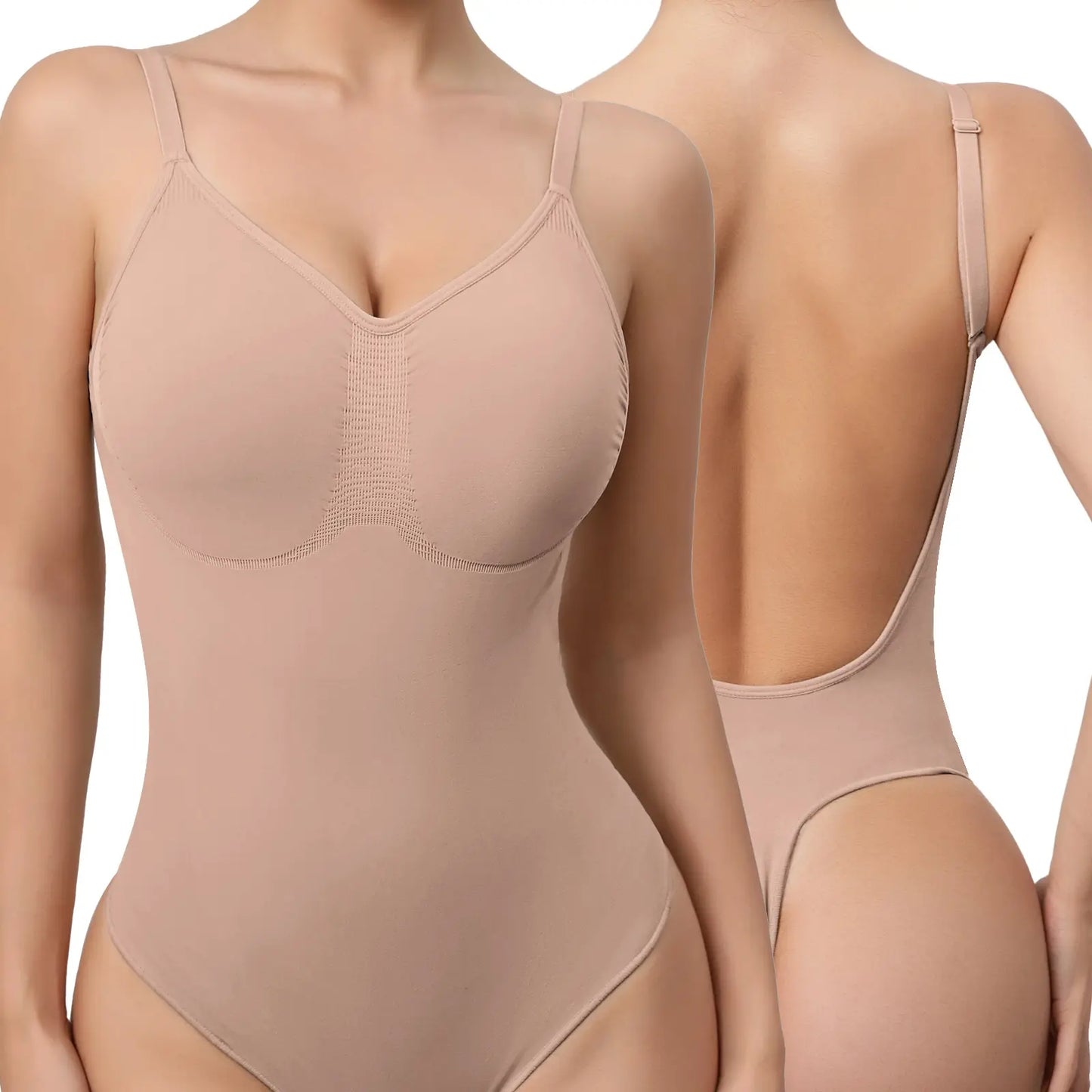 Mobeso Seamless Thong Bodysuit – Tummy Control Shapewear with V-Neck-A0018