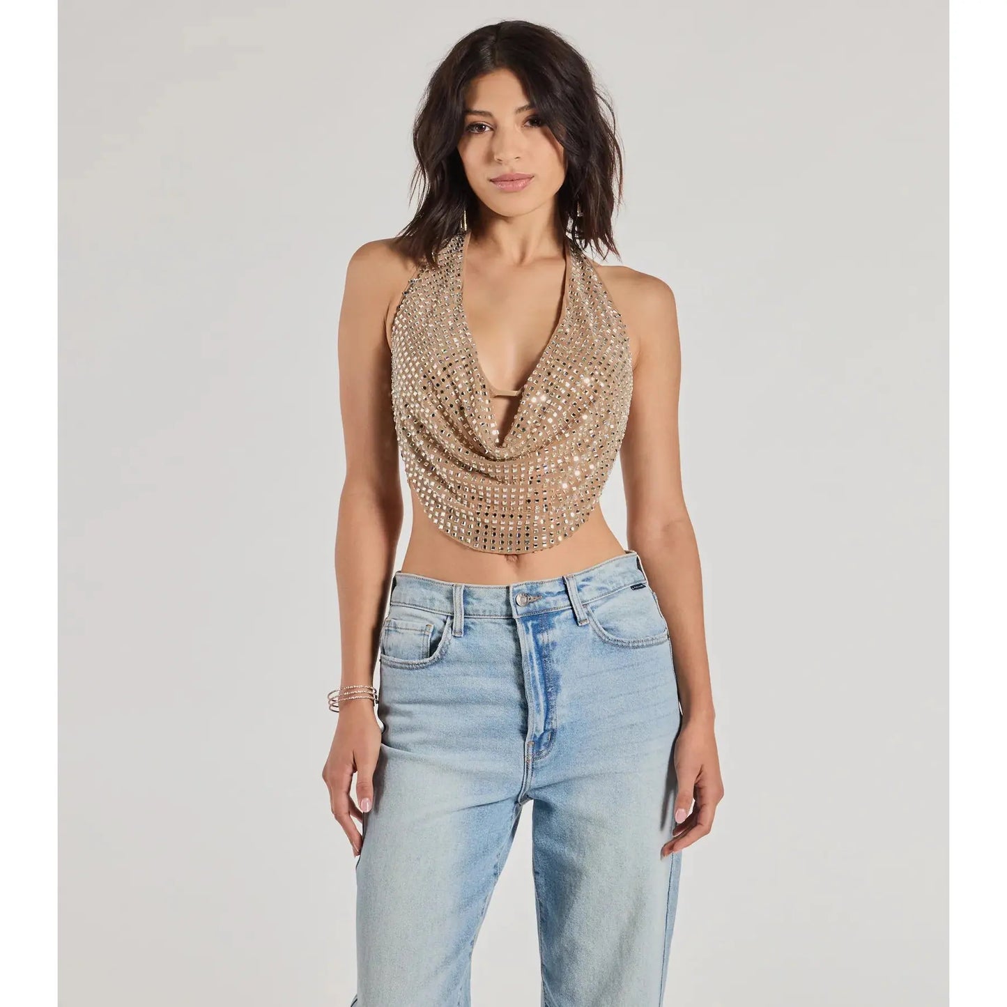 Party Diva Cropped Rhinestone Halter Top – Glamorous Evening Wear-A0003