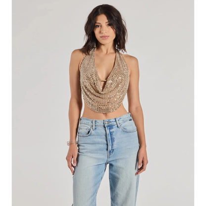 Party Diva Cropped Rhinestone Halter Top – Glamorous Evening Wear-A0003