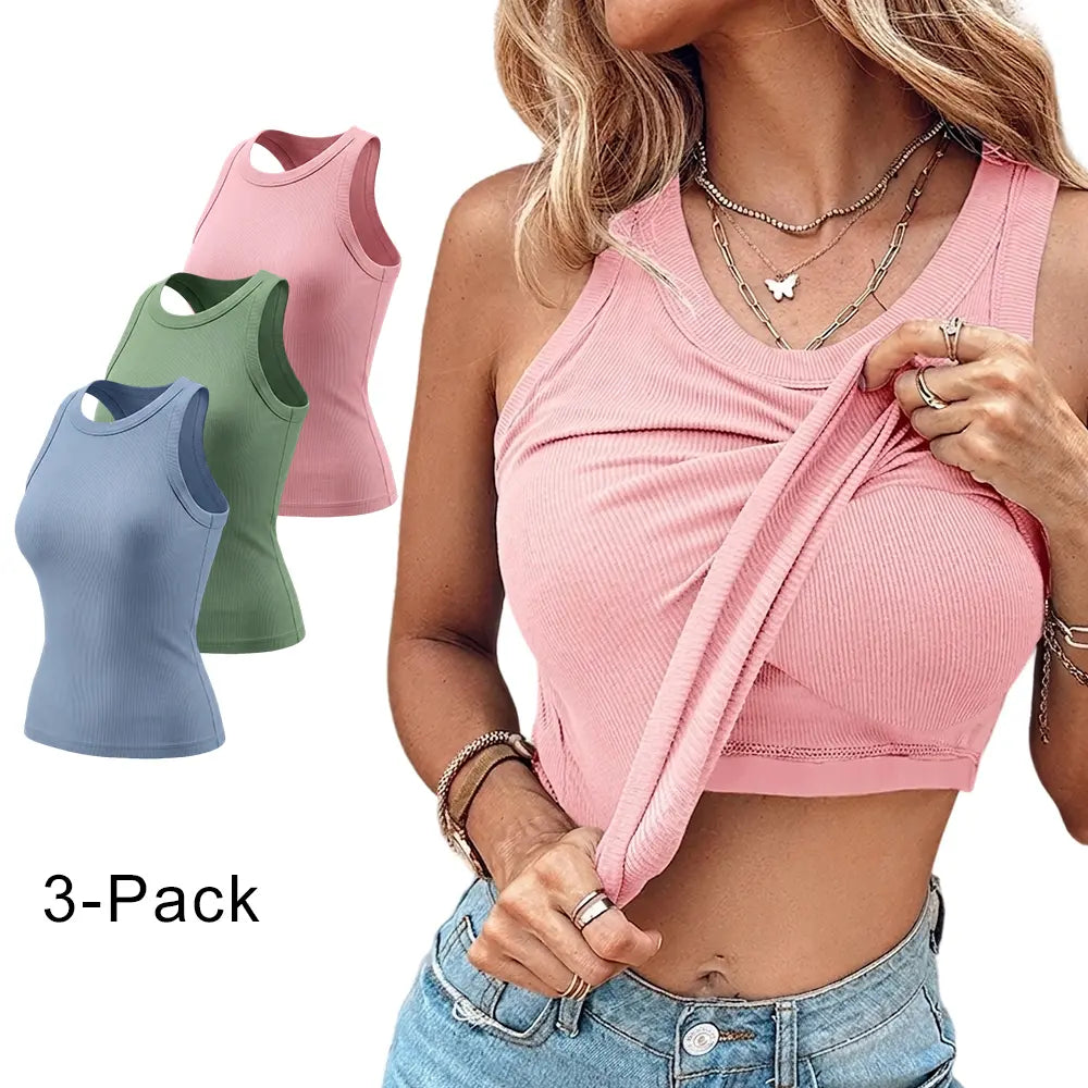 ChicMe Built-In Bra Ribbed Tank Top – Padded Racerback Everyday Basic-A0012