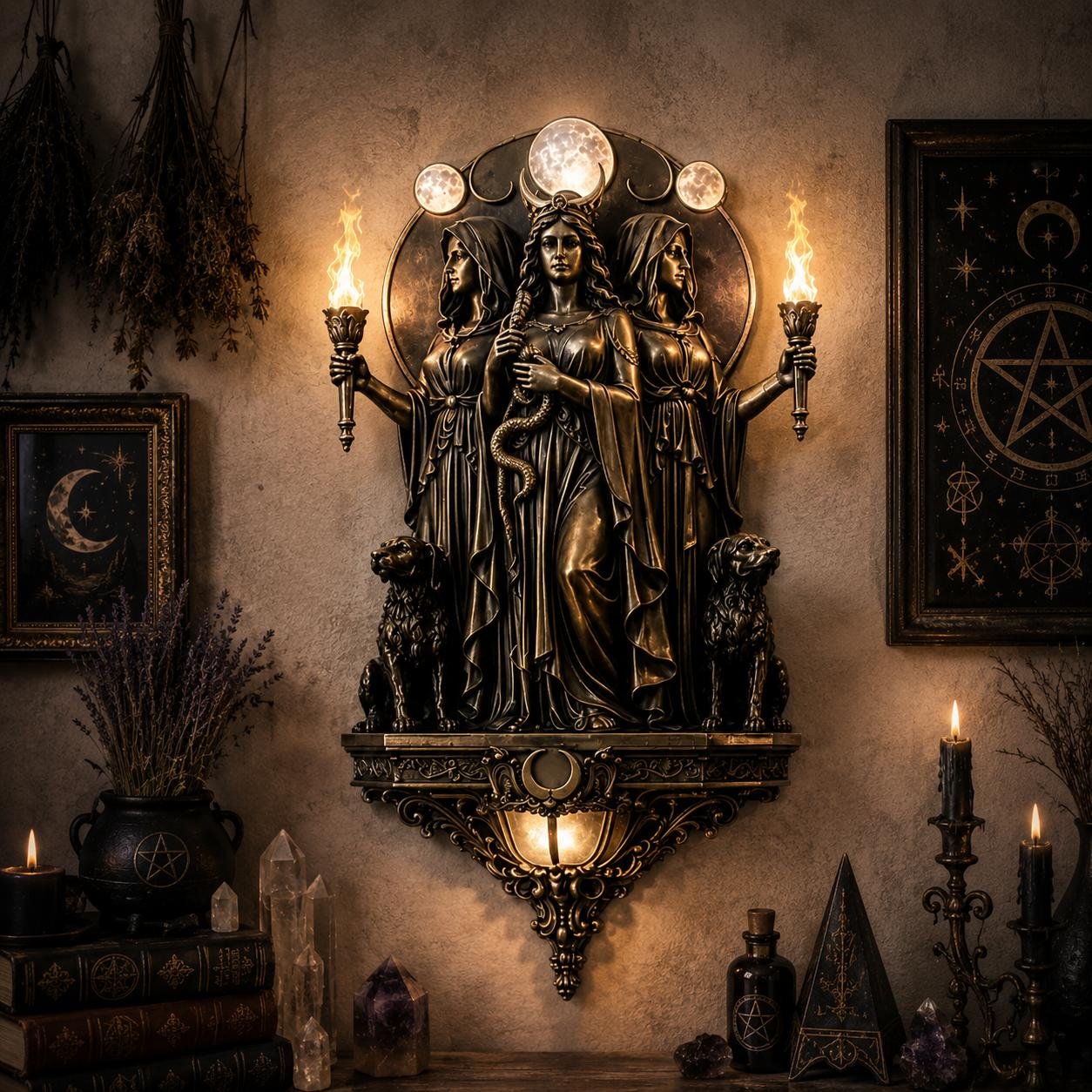 🔥 Hecate Triple Goddess LED Wall Sconce – Mystical Torch Wall Light🌙