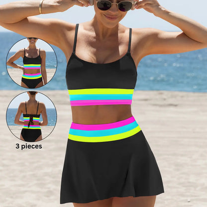Popvil 3 Piece Bikini Set – Tummy Control High Waisted Swimsuit with Skirt Cover-Up-A0005