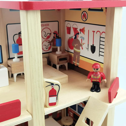 Wooden Fire Station Playset, Kids Pretend Play Dollhouse with Accessories