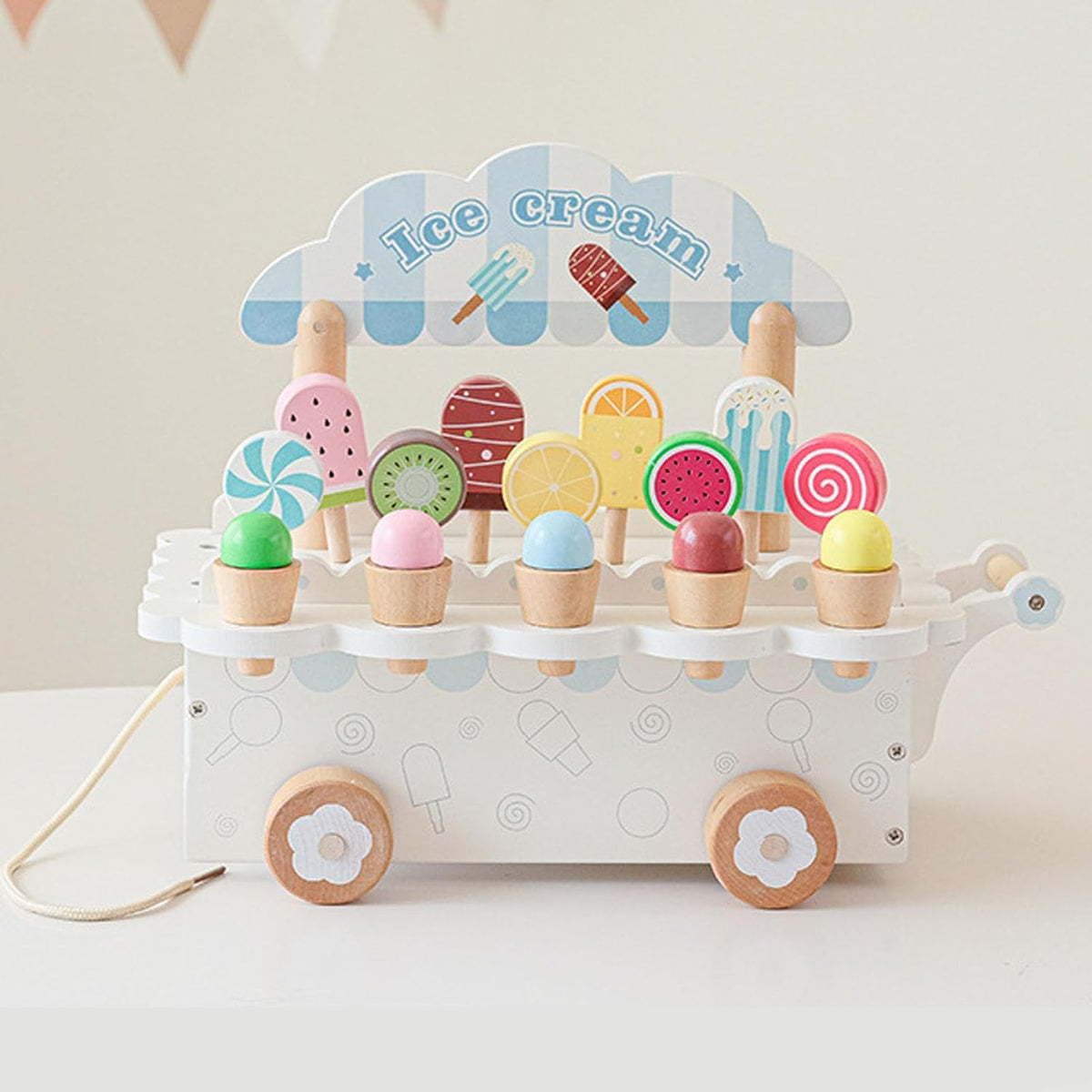 Wooden Ice Cream Cart Toy for Kids Ages 3-8, 14 Pcs