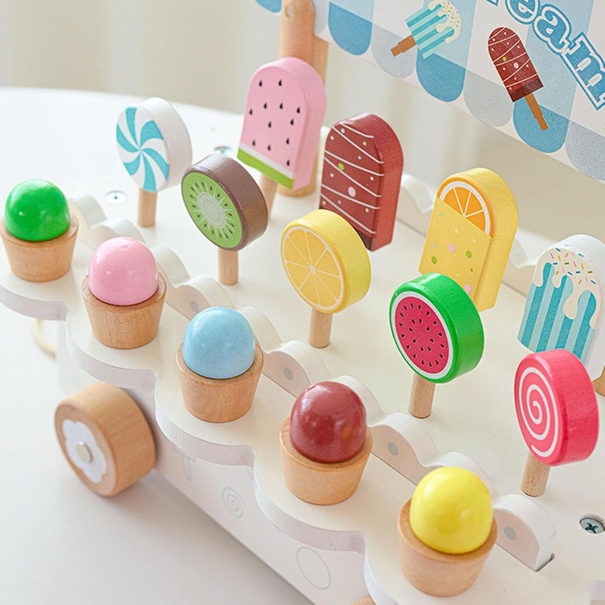 Wooden Ice Cream Cart Toy for Kids Ages 3-8, 14 Pcs