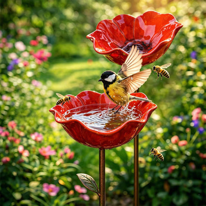 Handmade Metal Flower Garden Stake | 2-in-1 Bird Bath & Bee Watering Station -A0034