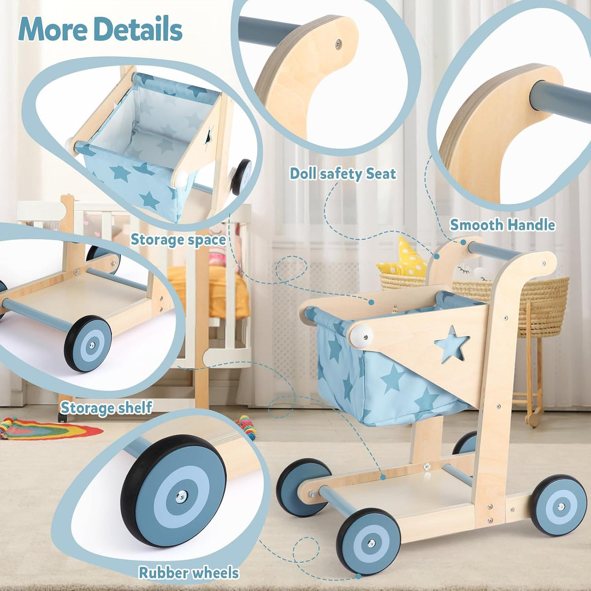 2 in 1 Wooden Baby Walker Push and Pull Doll Stroller (Blue)