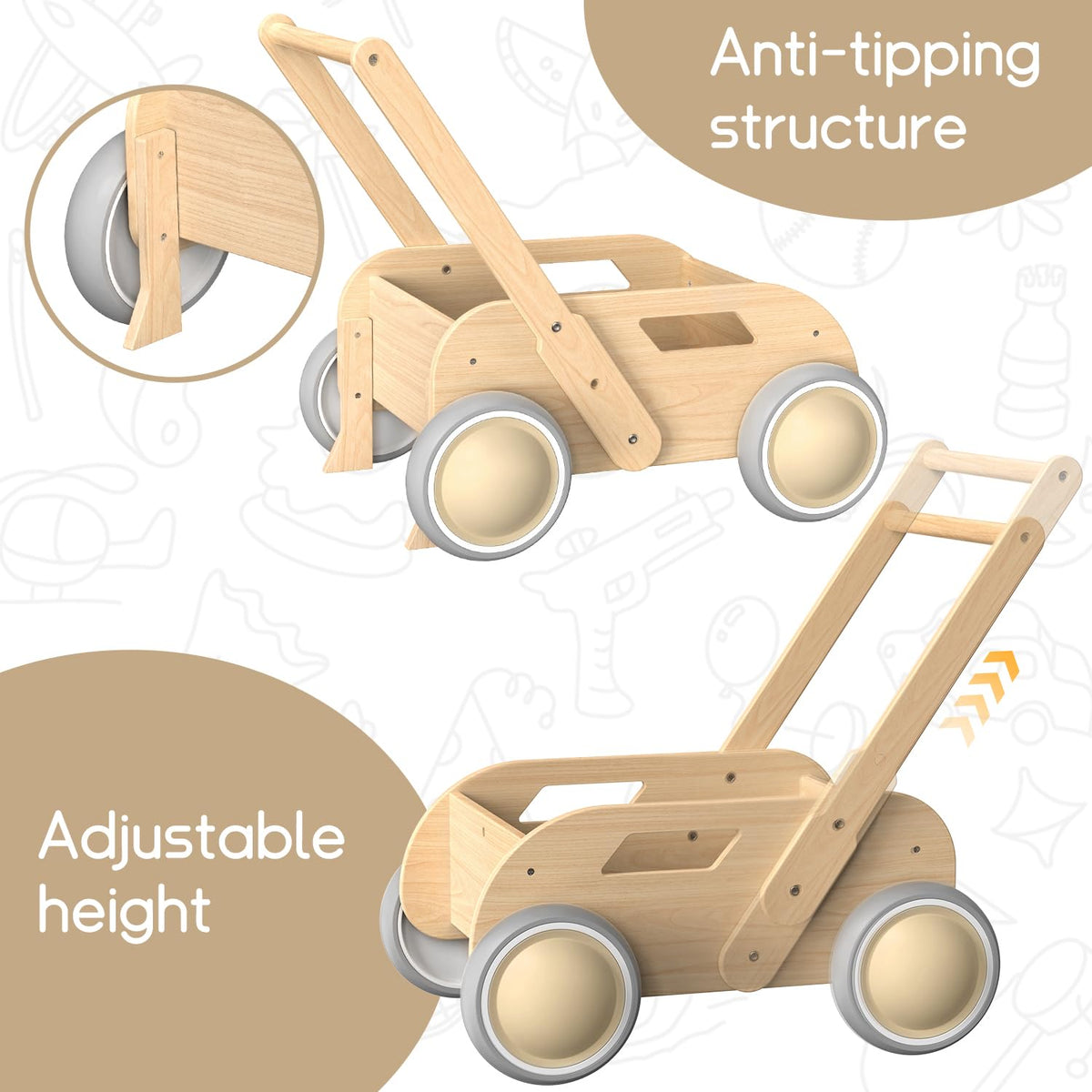 Wooden Baby Push Walker, Natural Wood Color