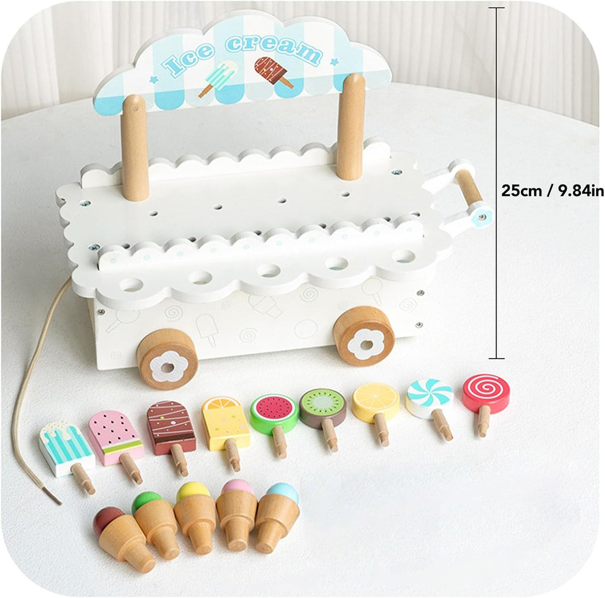 Wooden Ice Cream Cart Toy for Kids Ages 3-8, 14 Pcs