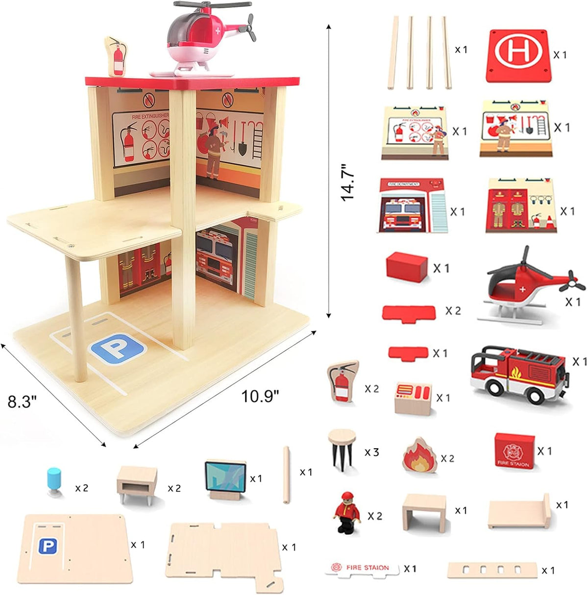Wooden Fire Station Playset, Kids Pretend Play Dollhouse with Accessories